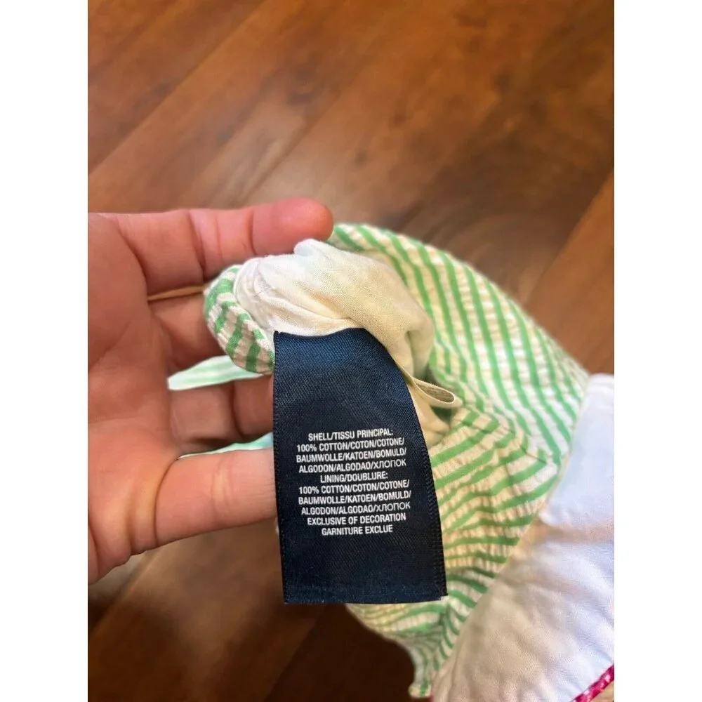Ralph Lauren Green & White Striped Seersucker Baby One-Piece with Pink Collar